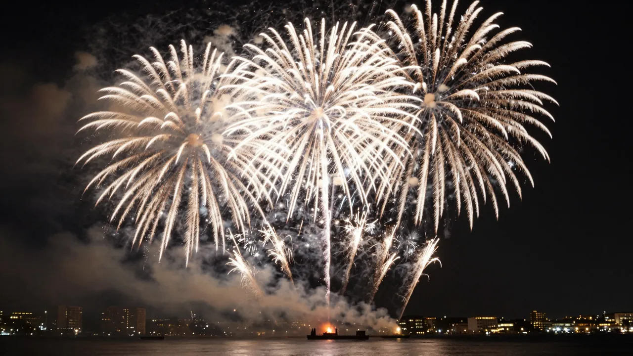 Bright golden fireworks burst over a calm night harbor with distant lit city buildings on the shore