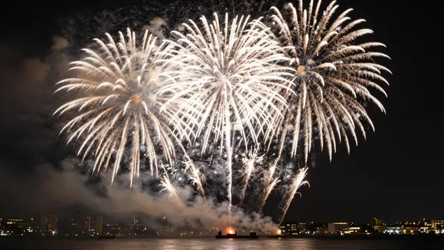 Bright golden fireworks burst over a calm night harbor with distant lit city buildings on the shore