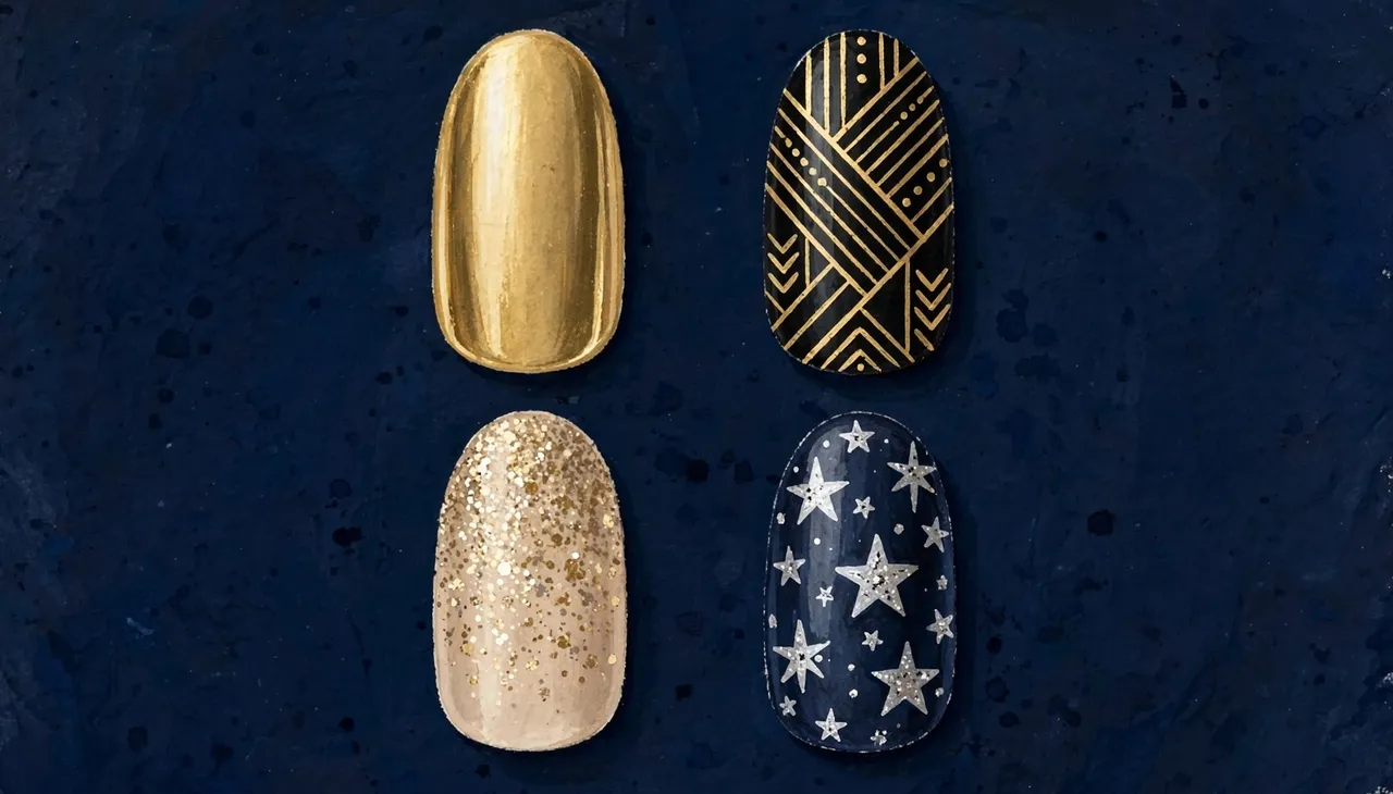 Four almond manicure tips with festive New Year designs arranged over a dark navy gouache background