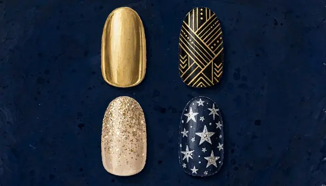 Four almond manicure tips with festive New Year designs arranged over a dark navy gouache background