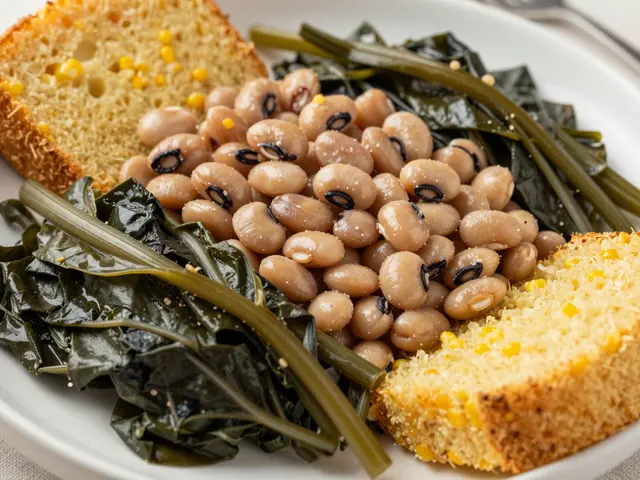 A plated serving of black-eyed peas, cooked collard greens, and cornbread slices on a white plate.