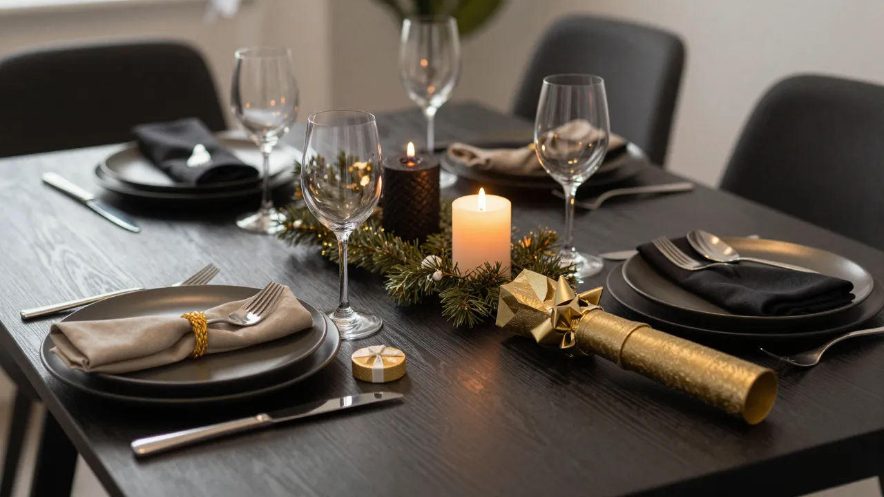 Set festive dinner table with black and gold place settings, lit candles, and holiday decor for a New Year celebration