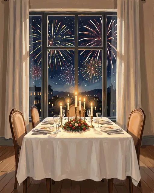 Candlelit set dinner table sits before a tall window with bursting fireworks visible outside at night
