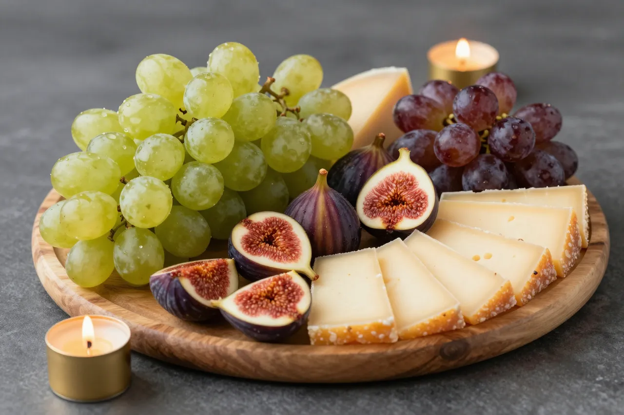 A wooden platter holds fresh grapes, sliced figs, cheese and lit gold tealight candles on a dark table.