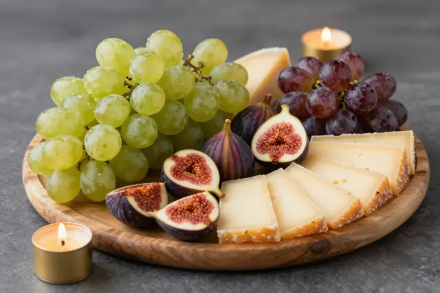 A wooden platter holds fresh grapes, sliced figs, cheese and lit gold tealight candles on a dark table.
