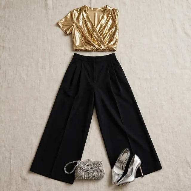 Overhead flat lay of a gold sequin top, black wide leg trousers, silver heels and beaded clutch on linen fabric