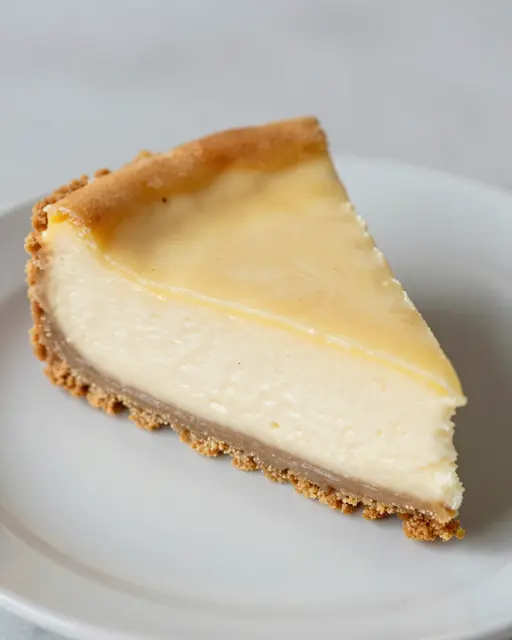 A single slice of New York style cheesecake with graham cracker crust sits on a plain white plate.