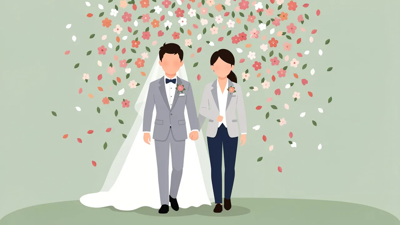 Faceless flat vector newlywed couple walks hand in hand beneath falling flower petals against a sage green background