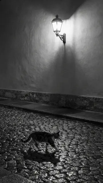 A tabby cat crosses wet cobblestones under a glowing wall lantern at night in a quiet backstreet