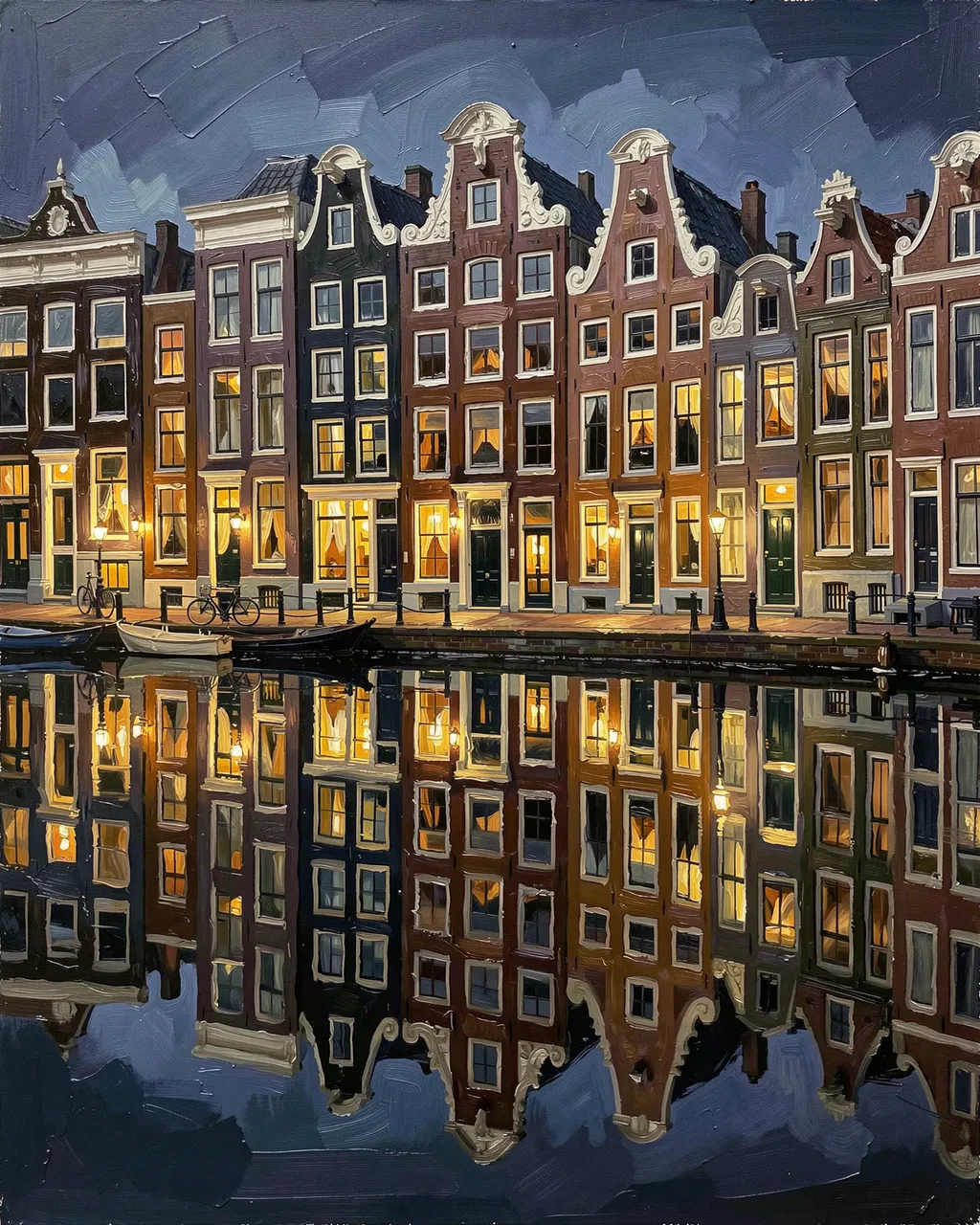 Palette knife oil painting of lit Amsterdam canal houses reflected in still dark night water