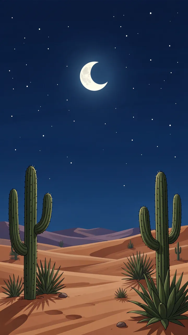 Stylized vertical illustration of a desert at night with saguaro cacti, a glowing crescent moon, and a starry dark sky