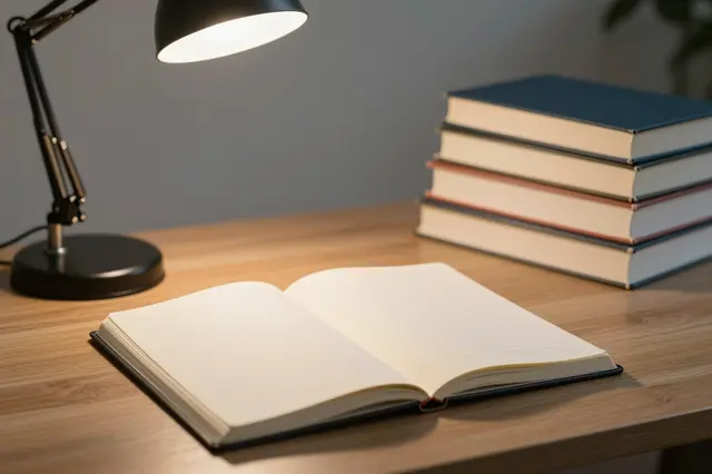 Lit desk lamp illuminates an open notebook and stack of books on a wooden desk at night