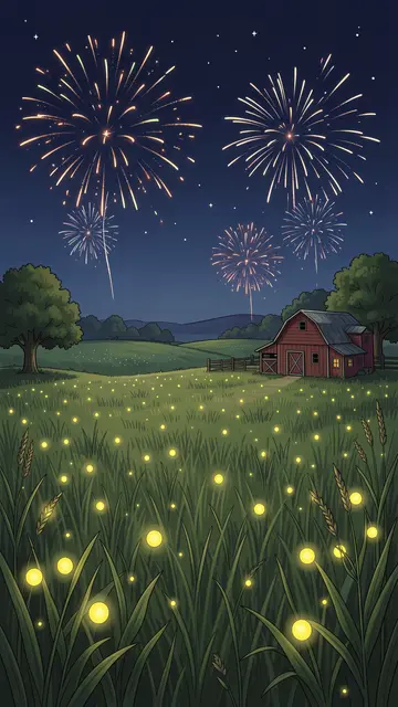 A quiet rural farm field at night glows with fireflies while Fourth of July fireworks burst in the starry sky
