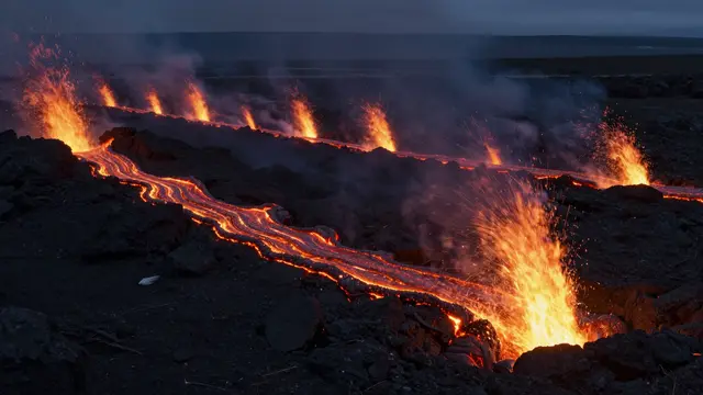 Glowing lava fountains line a erupting fissure, flowing across a dark volcanic plain at night.