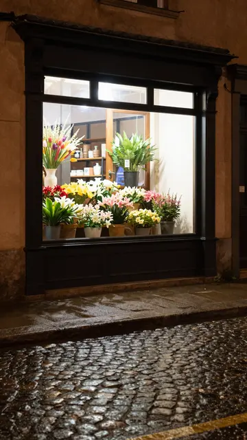Glowing flower shop window sits above wet cobblestones on a quiet night street
