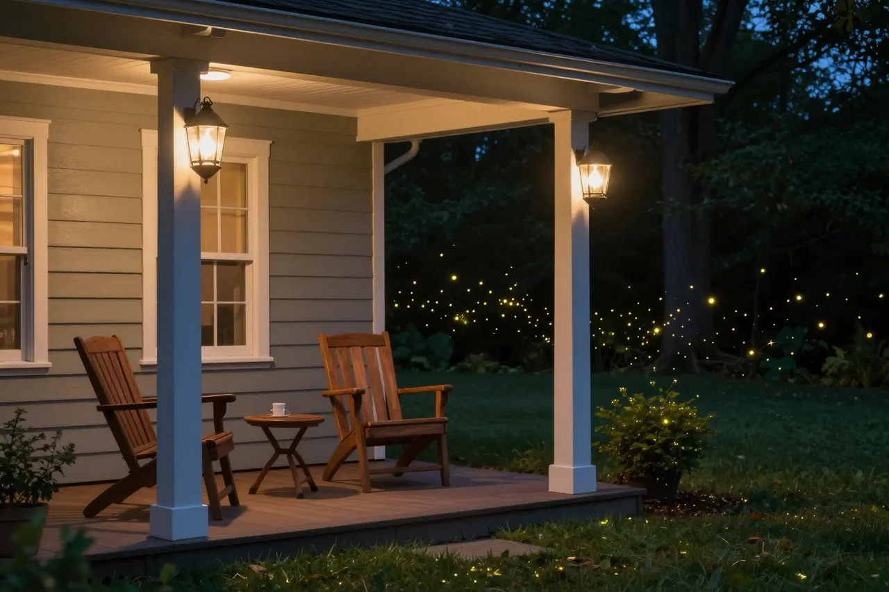 Lit front porch with wooden chairs and glowing fireflies over the evening lawn