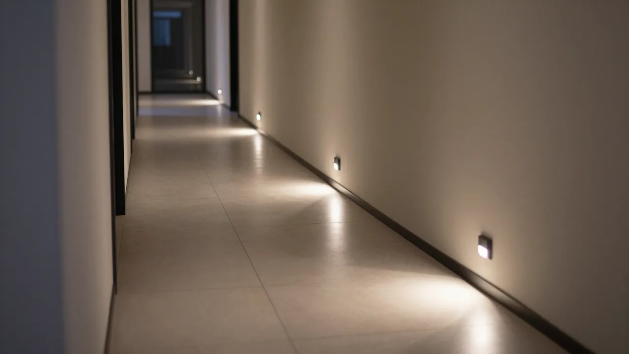 A long empty modern hallway lit by soft glowing motion-sensor floor lights after dark