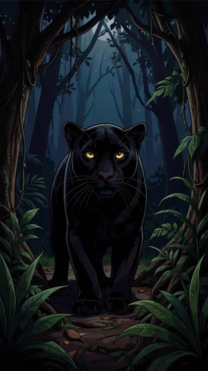 A black panther with glowing yellow eyes stands on a path in a dark moonlit jungle