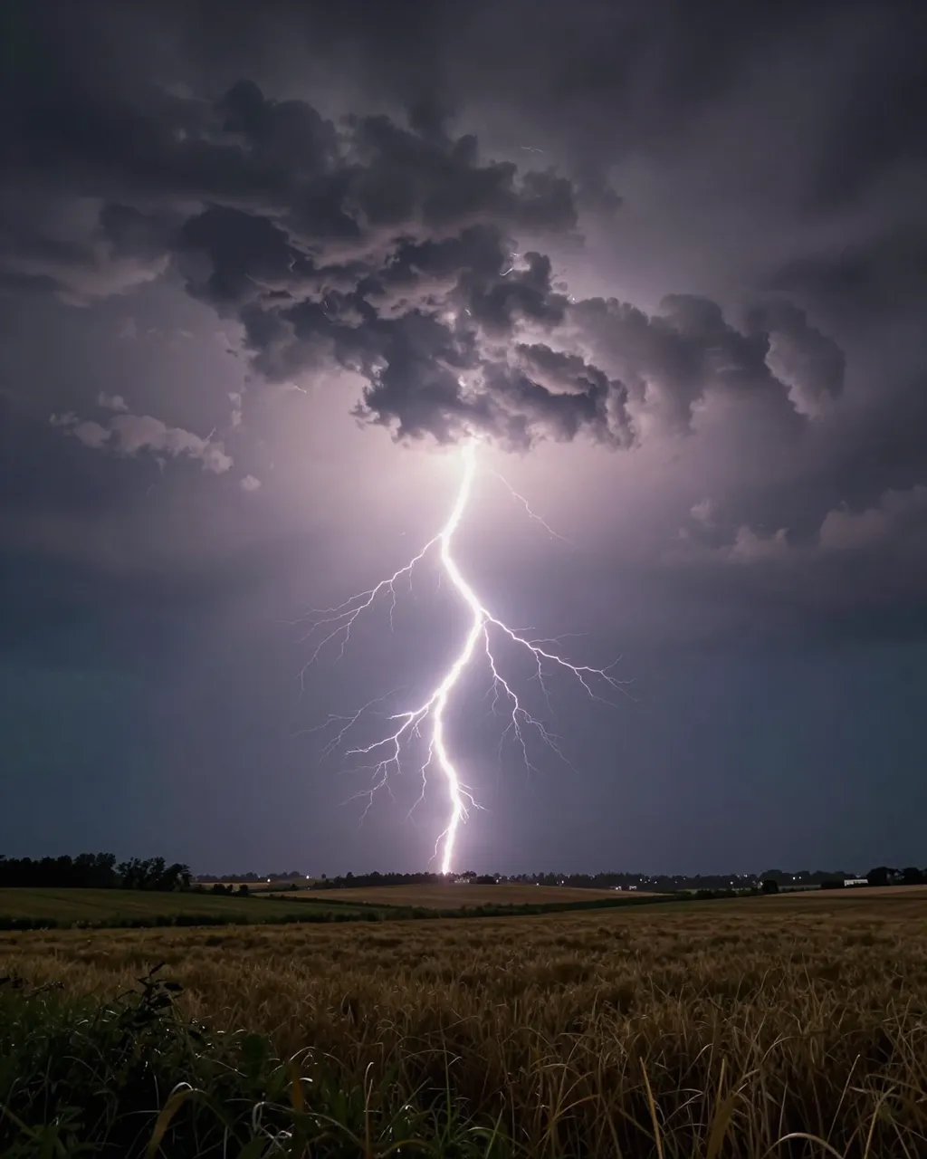 Bright lightning strikes down from a storm cloud above rolling farm fields at night