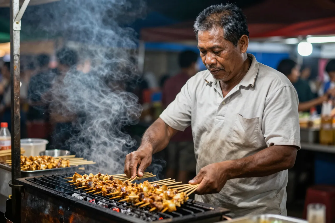 A mature Pacific Islander man turns grilled meat skewers over a charcoal grill at a busy night market food stall.