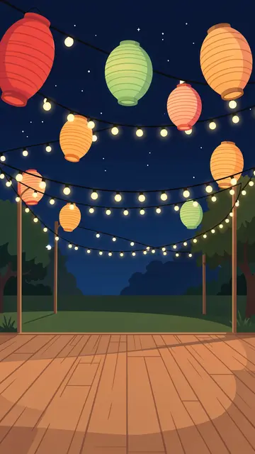 String lights and paper lanterns hang above an empty wooden outdoor dance floor under a starry night sky.
