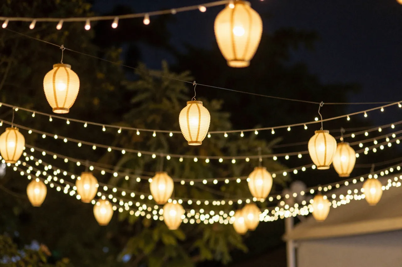 Warm glowing fairy lights and paper lanterns hang strung above an outdoor night celebration