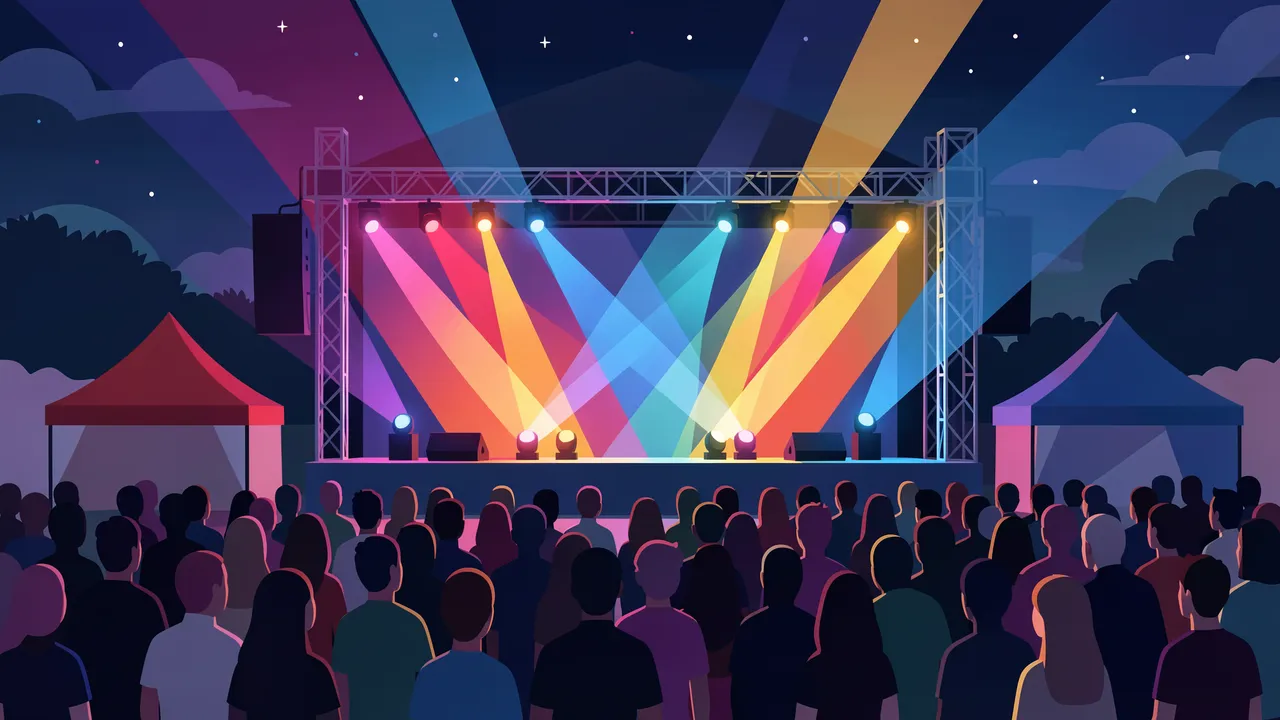 Flat vector illustration of a nighttime outdoor concert stage with colorful light beams facing a crowd of silhouetted