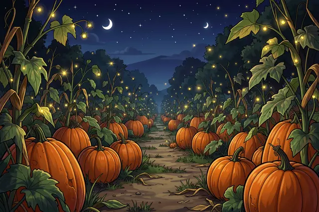 A winding dirt path runs through rows of orange pumpkins under a starry night sky with glowing fireflies and crescent moons.
