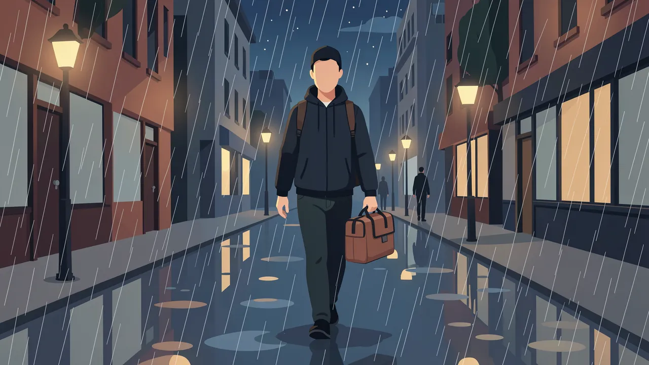 Faceless food courier walks down a wet lit city street during night rain holding an insulated delivery bag