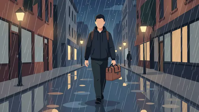 Faceless food courier walks down a wet lit city street during night rain holding an insulated delivery bag