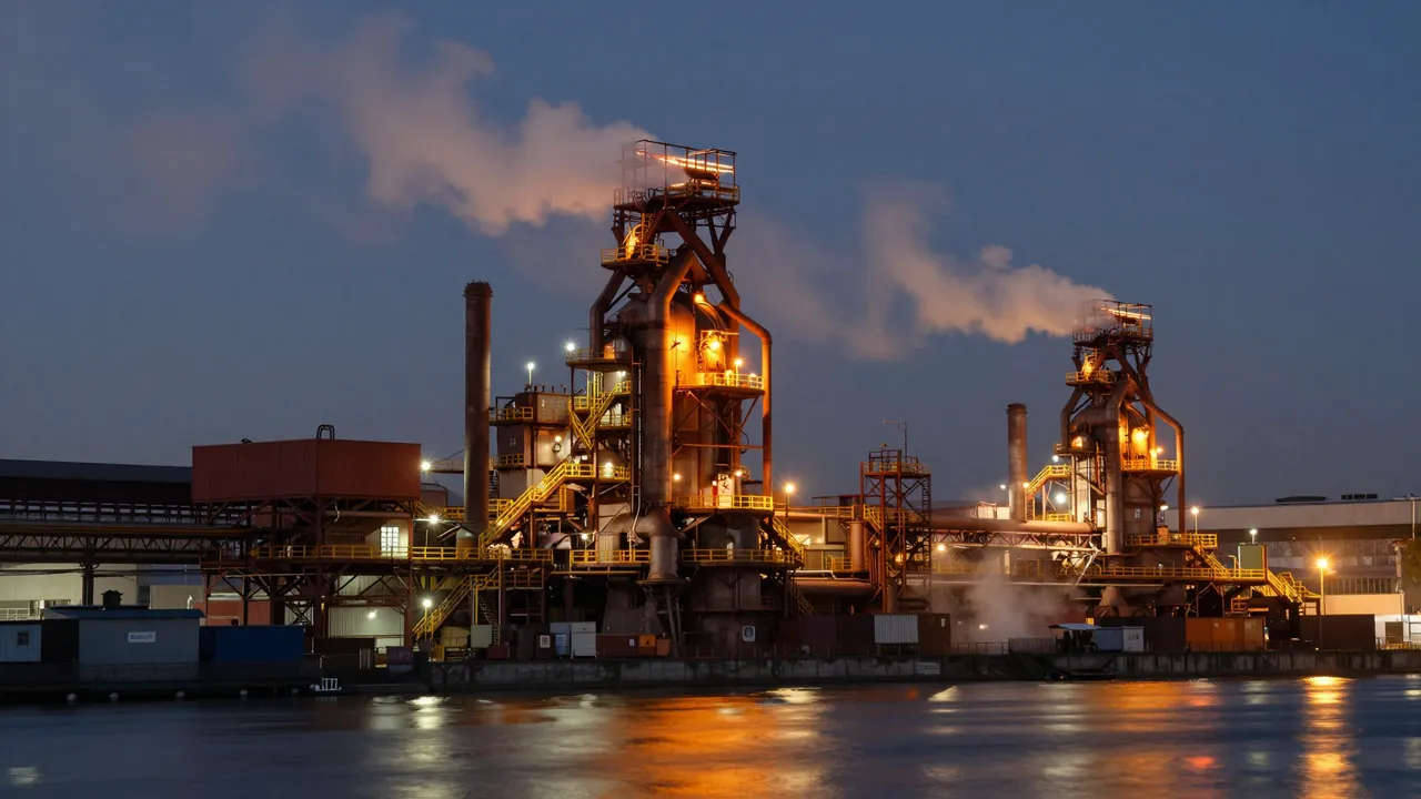 Illuminated steel mill at dusk billows steam with warm orange glow reflected on river water
