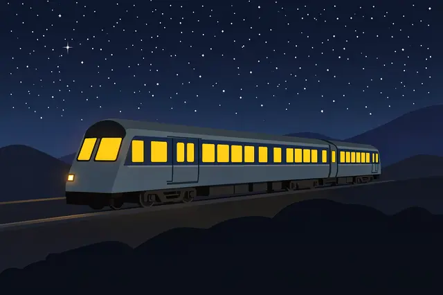 A passenger train with glowing yellow windows travels across dark hills under a starry night sky