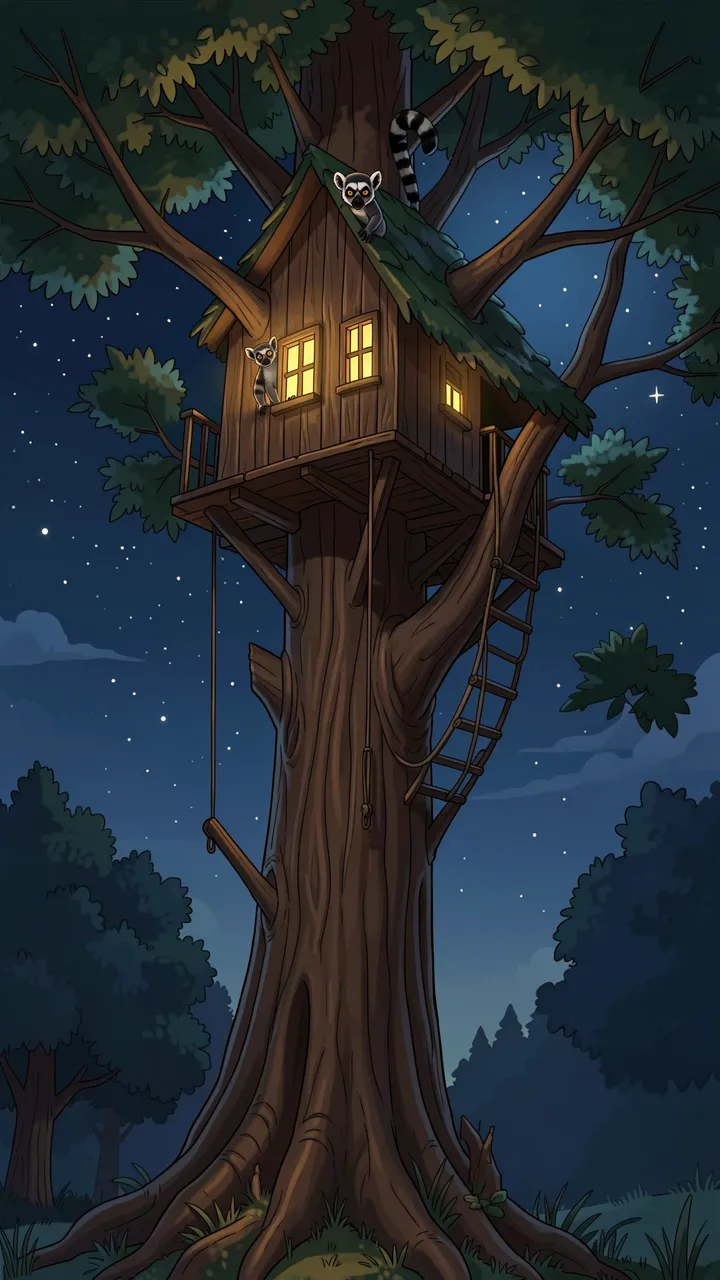 A tall glowing treehouse in an old tree at night with ring-tailed lemurs peeking out near the roof and windows