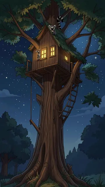 A tall glowing treehouse in an old tree at night with ring-tailed lemurs peeking out near the roof and windows