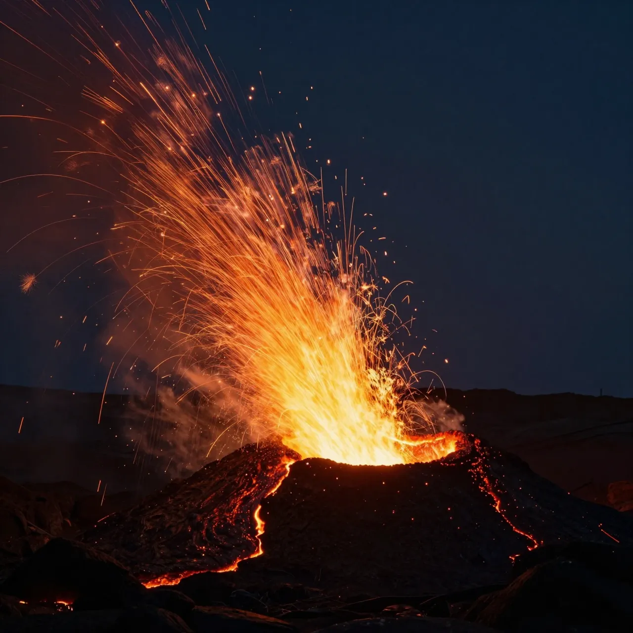 Arcing glowing lava spatter erupts from a small volcanic cone under a dark night sky