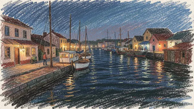 Pastel chalk drawing of a small coastal harbor at night with glowing lantern light reflecting on dark water and docked boats