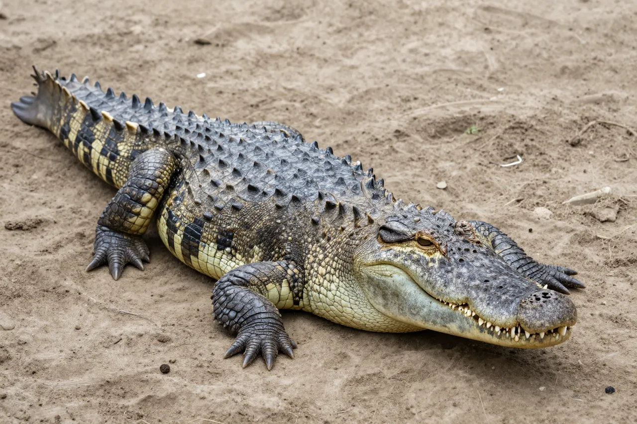 A large nile crocodile rests on textured sand with a partially closed mouth showing sharp teeth.