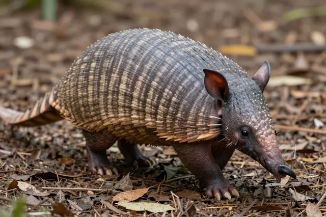 A nine-banded armadillo walks slowly across dry leaf litter on a forest floor