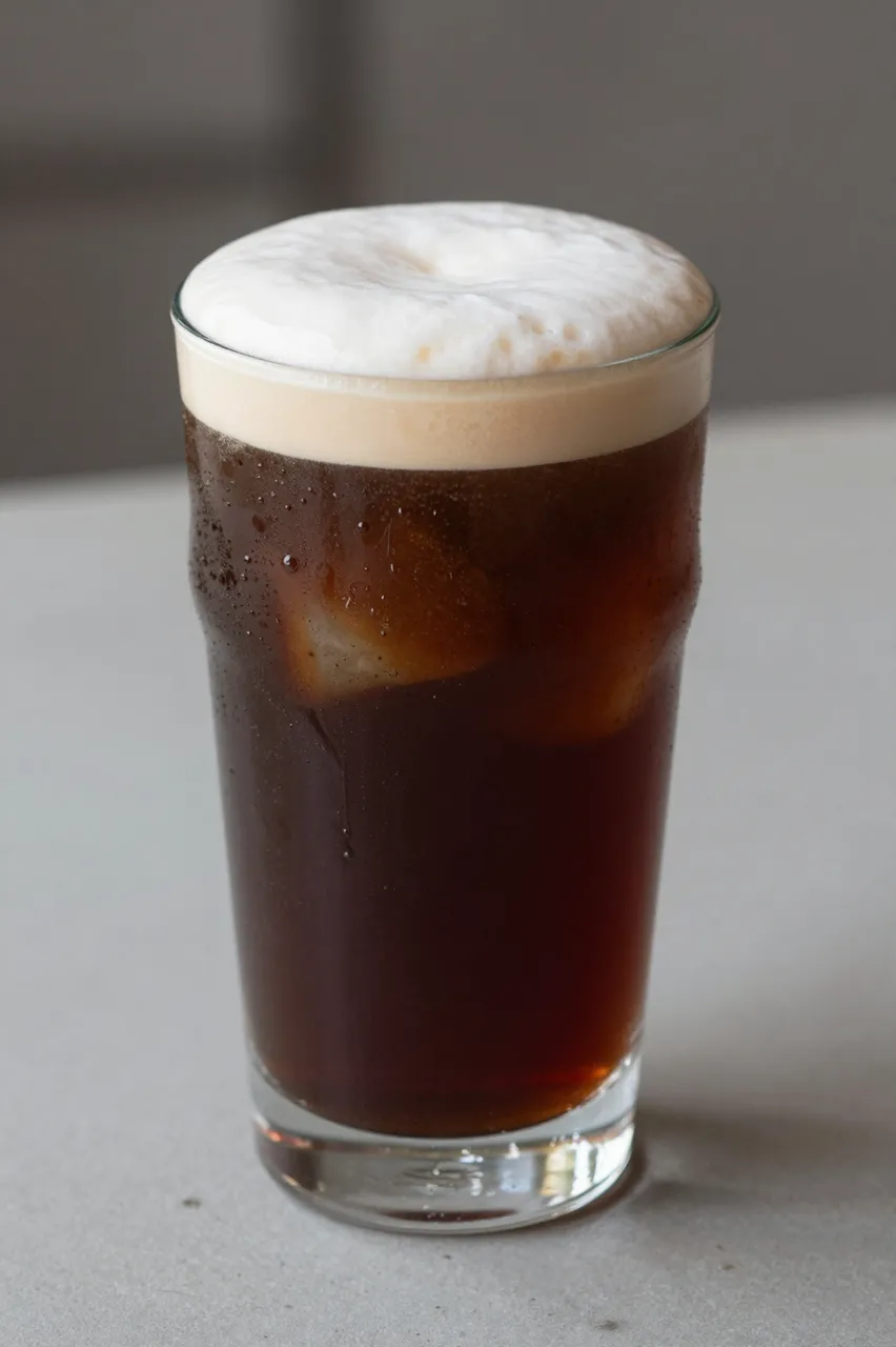 Tall glass of nitro cold brew with thick creamy foam resting on a light gray tabletop