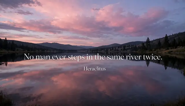 Calm pink dusk lake landscape with the quote "No man ever steps in the same river twice. — Heraclitus" overlaid in thin