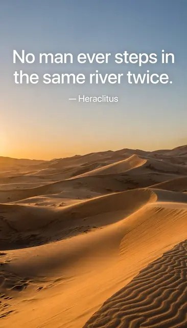Golden desert dunes at sunset with the quote "No man ever steps in the same river twice. — Heraclitus" over the sky