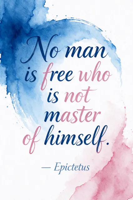 Soft blue and pink watercolor wash background with flowing brush script displaying the quote "No man is free who is not