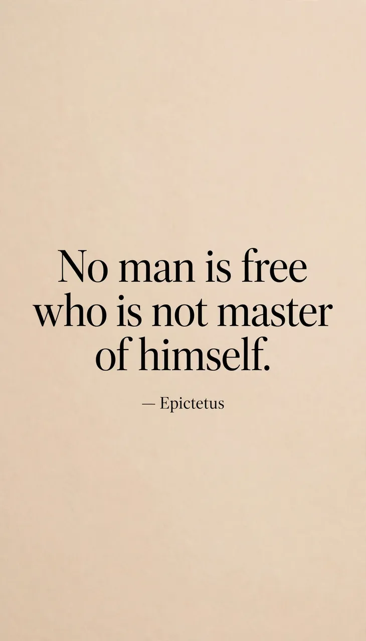 Minimal warm sand beige phone wallpaper with black serif quote: "No man is free who is not master of himself. — Epictetus"