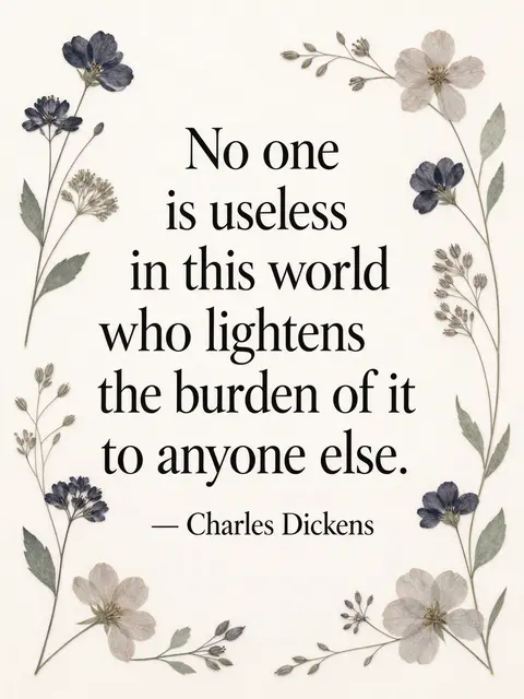 Black serif Charles Dickens quote centered on a cream background, framed by delicate pressed flower illustrations
