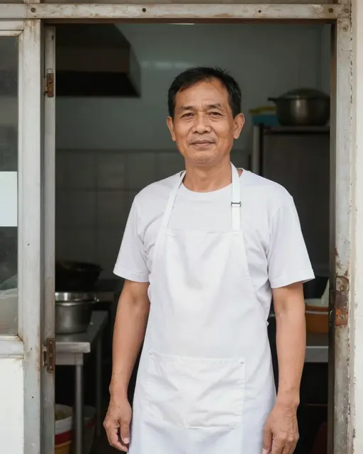 Middle aged Southeast Asian man in a white apron stands in his kitchen doorway looking at the camera