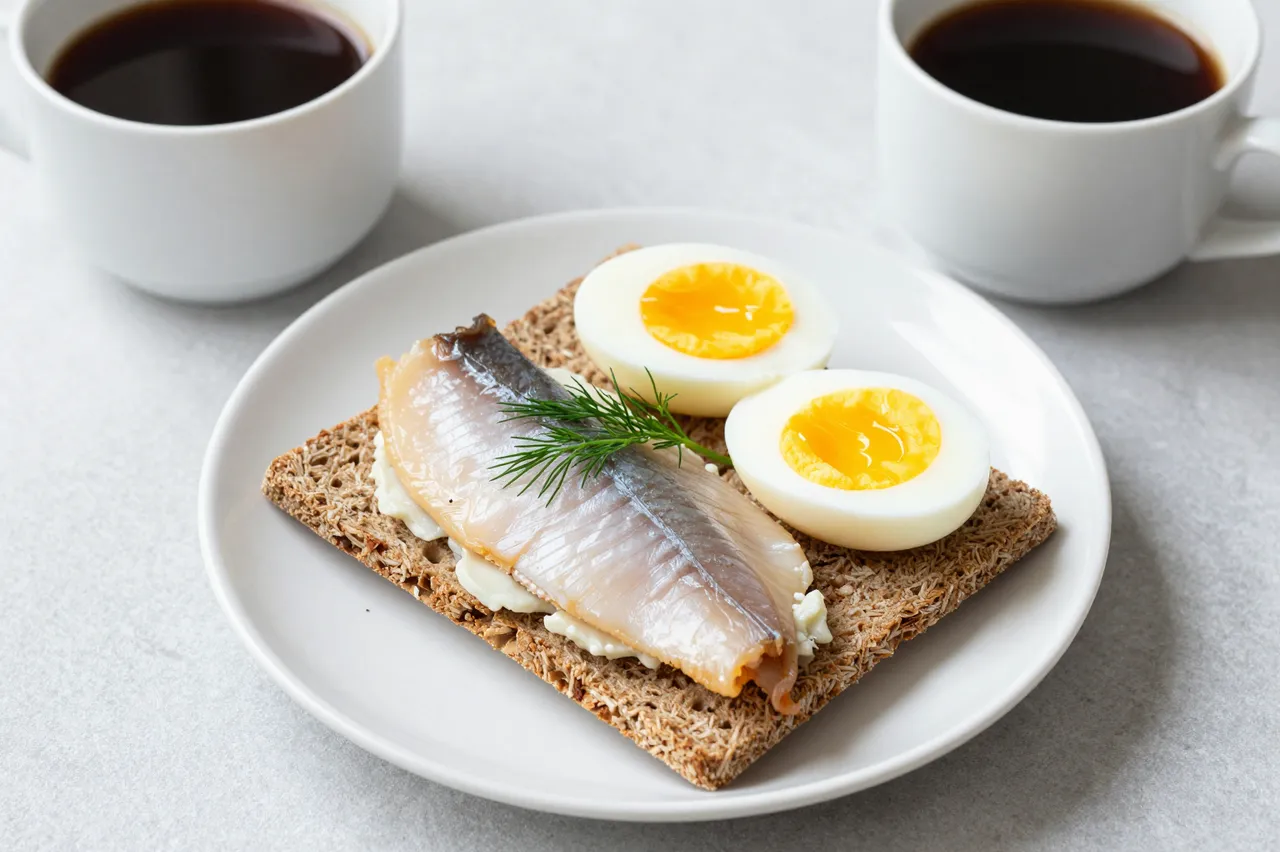 Flat lay of rye crispbread with smoked fish, soft boiled eggs, dill and two coffee cups on a light tabletop