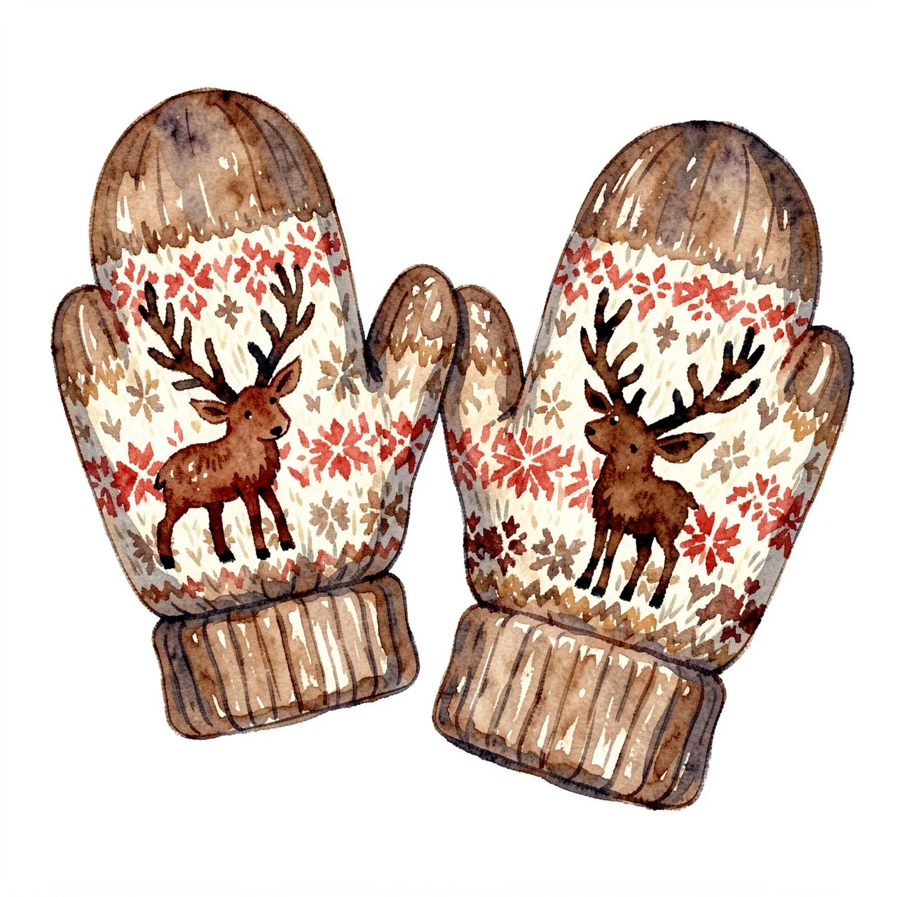 Watercolor illustration of a pair of cozy wool mittens with reindeer and snowflake motifs on a plain white background