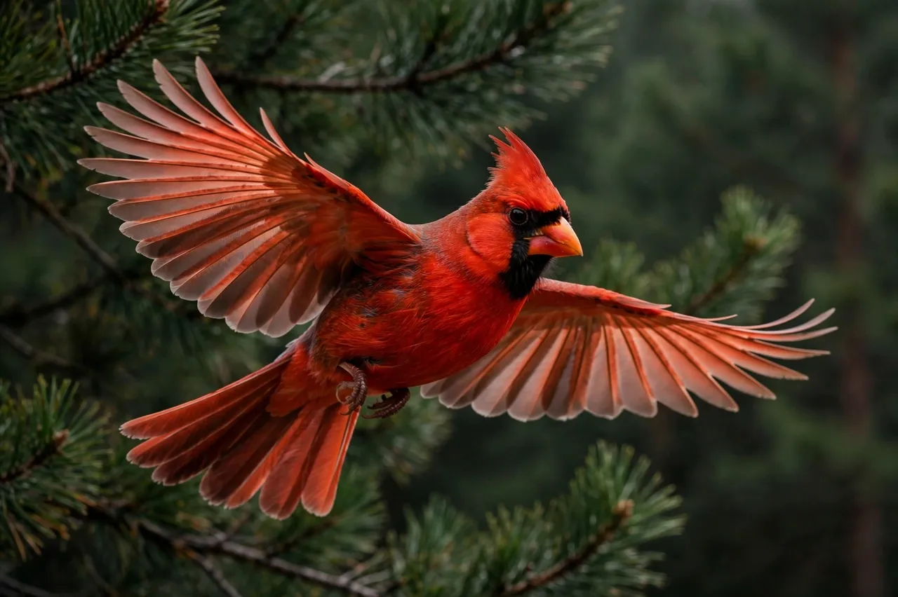 Bright red male northern cardinal flies with fully spread wings in front of dark green pine branches