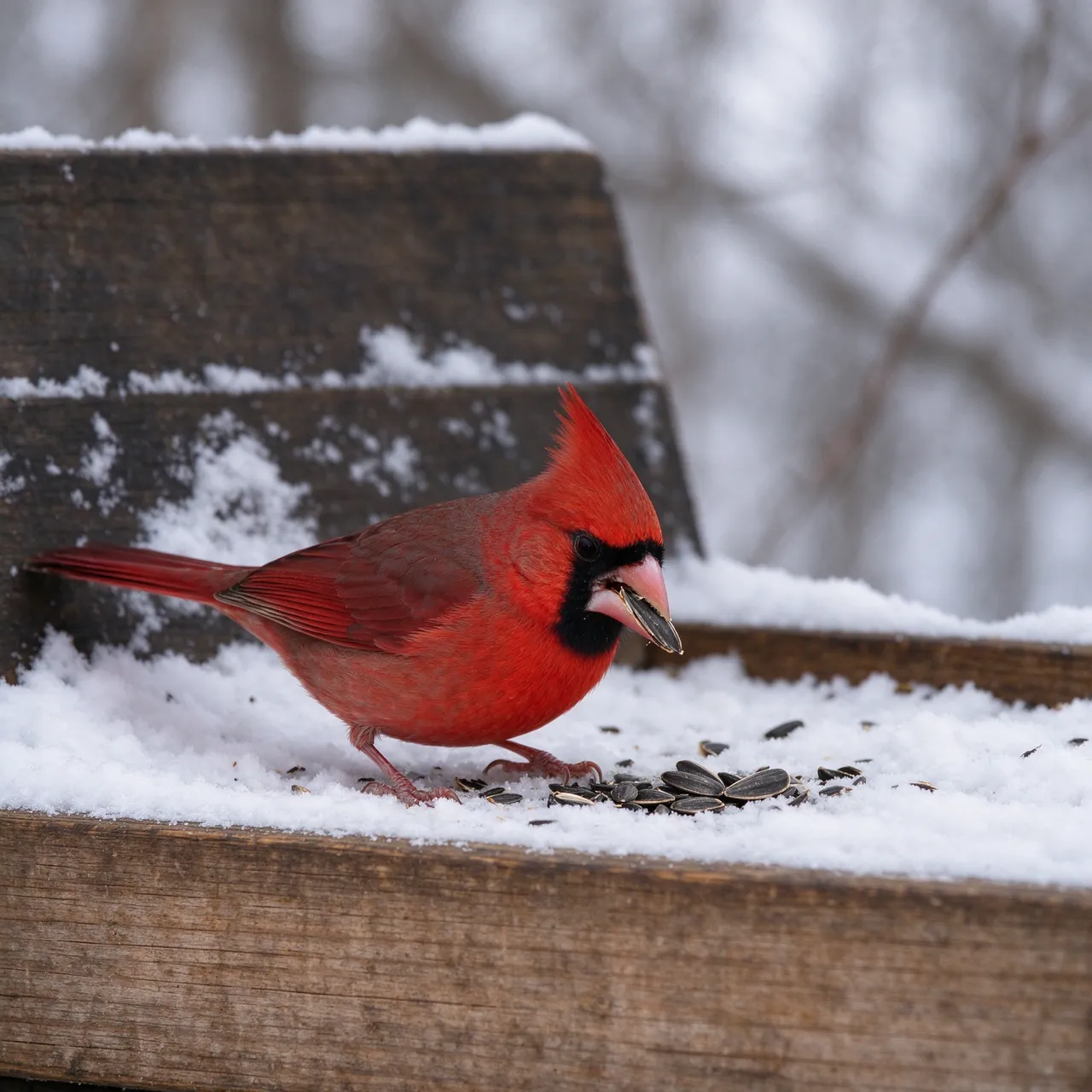Bright red male northern cardinal holds a sunflower seed while standing on a snow-covered wooden bird feeder.