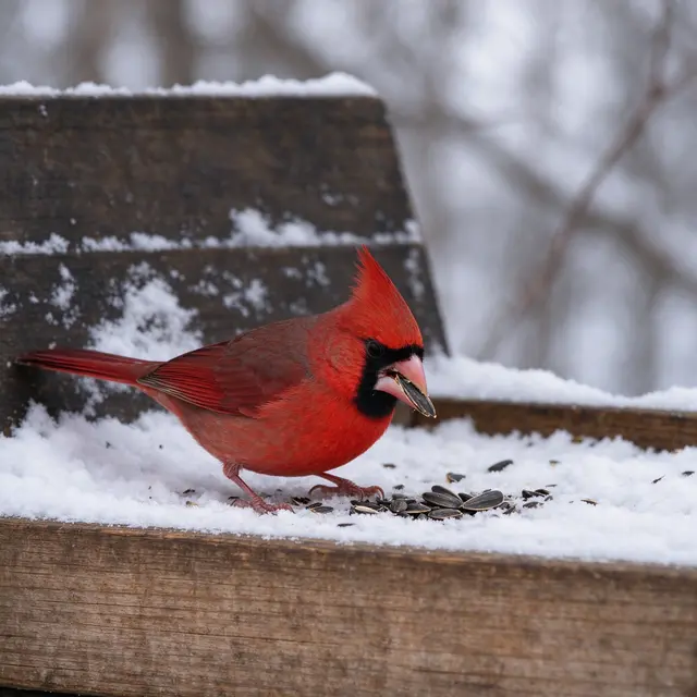 Bright red male northern cardinal holds a sunflower seed while standing on a snow-covered wooden bird feeder.
